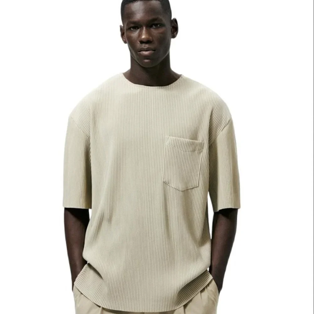 ZARA- PLEATED OVERSIZE T-SHIRT- MINK BEIGE SIZE S 8288/482/706